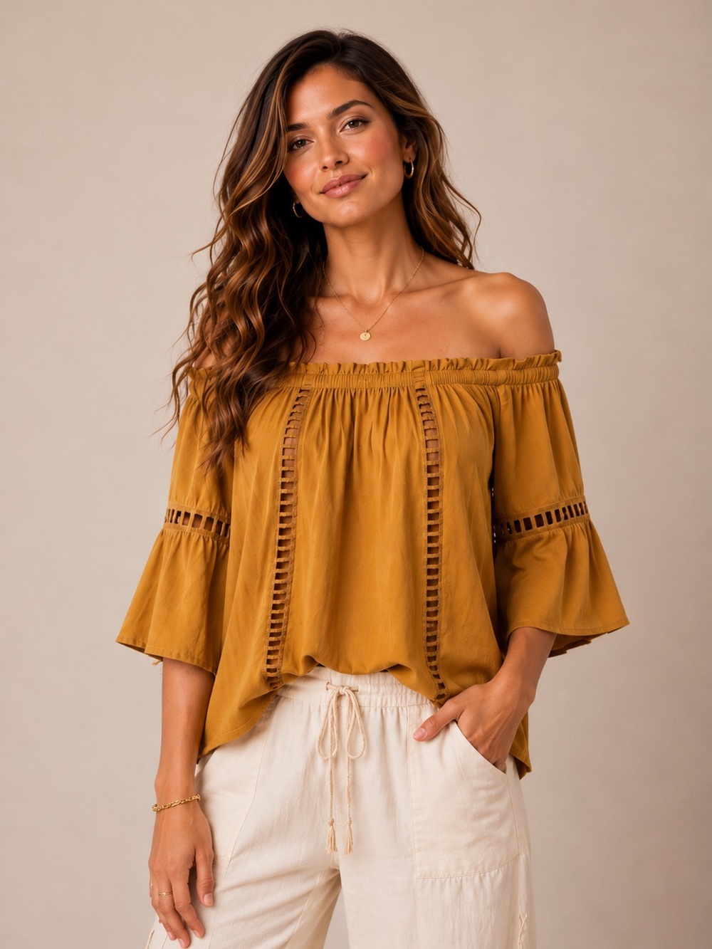 NWT Melissa Paige Large Mustard Off Shoulder Boho Blouse Bell Sleeve Rayon